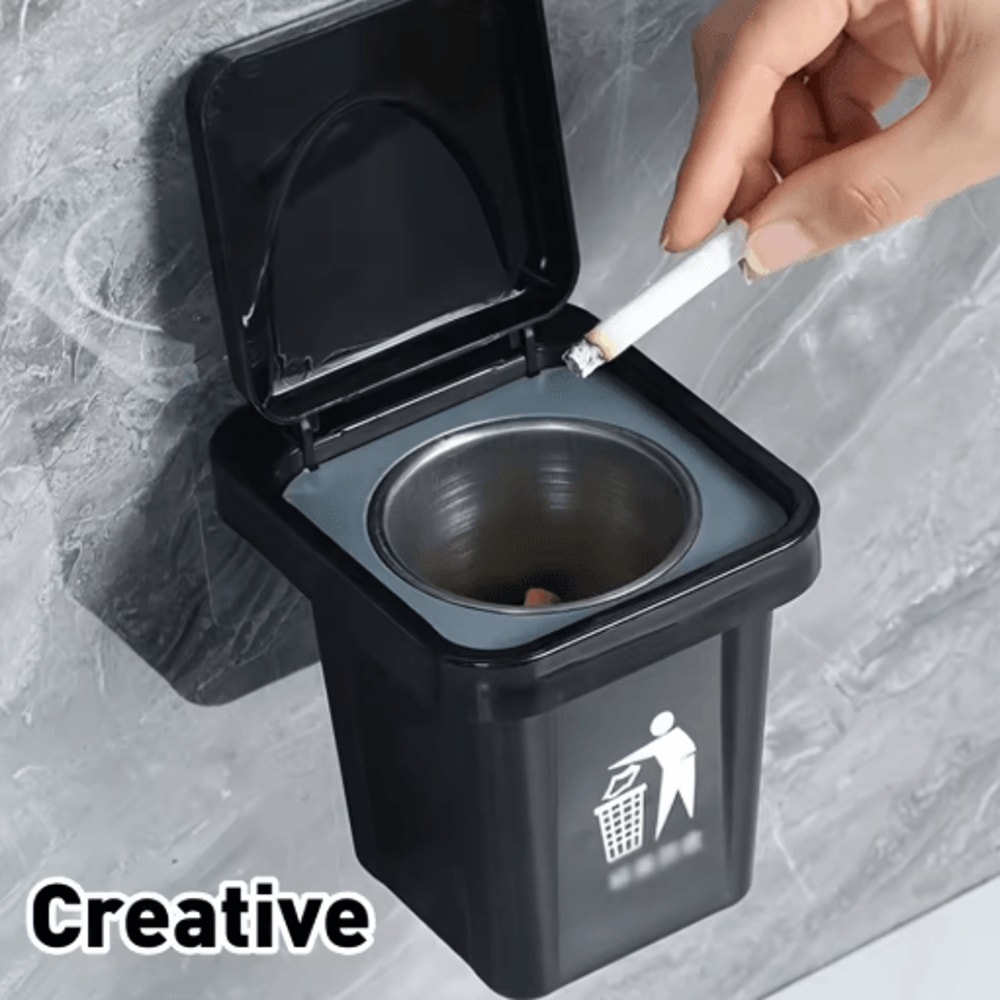 Stainless Steel Wall Mounted Ashtray With Lid Anti Fly Ash Bathroom Trash Can Ashtray 5