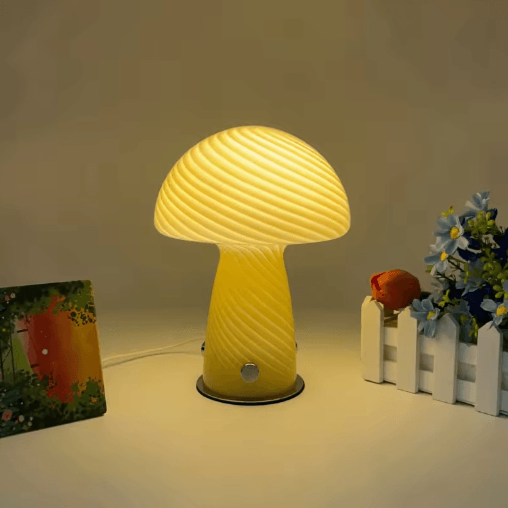 Cream Striped Mushroom Table Lamp Cozy Bedside Ambient Light For Bedroom And Living Room 3