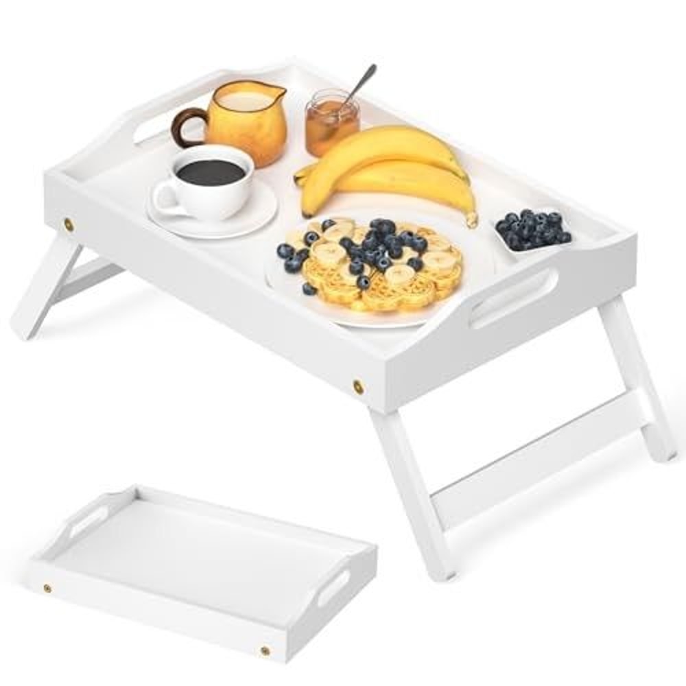 Bamboo Breakfast Bed Tray With Folding Legs Sofa Laptop And Snack Serving Tray Black White 9