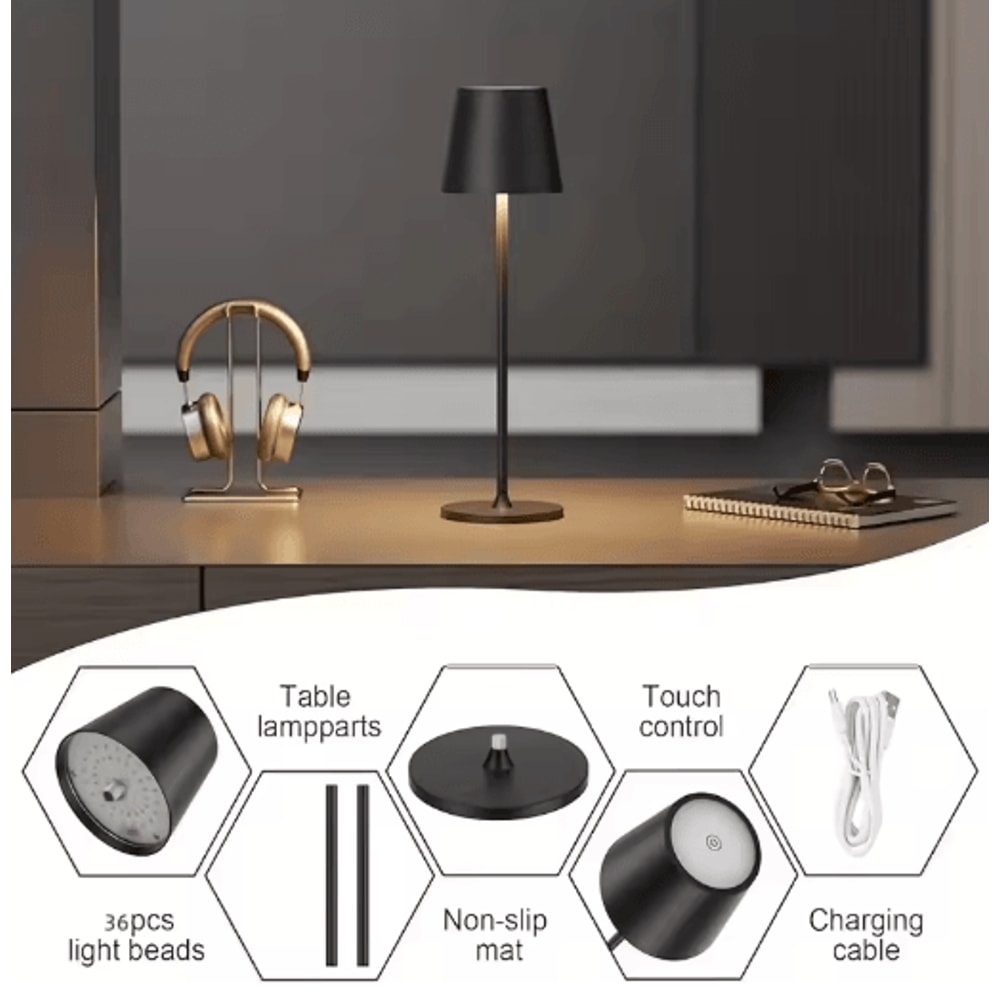 LED Cordless Table Lamp Portable Rechargeable Night Light With 3 Color Stepless Dimming 11