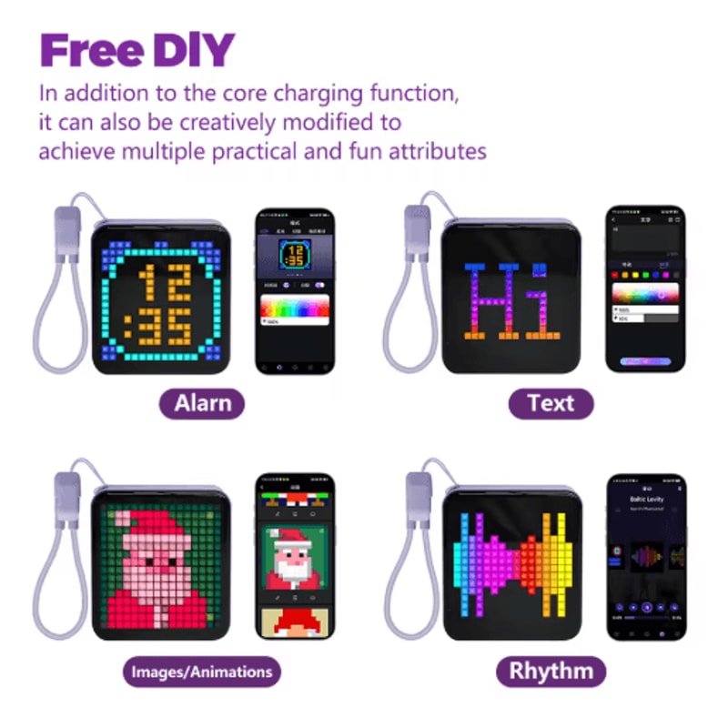 LED Pixel Display Night Light Bluetooth App Control DIY Table Lamp With Alarm Clock 5000mAh 7