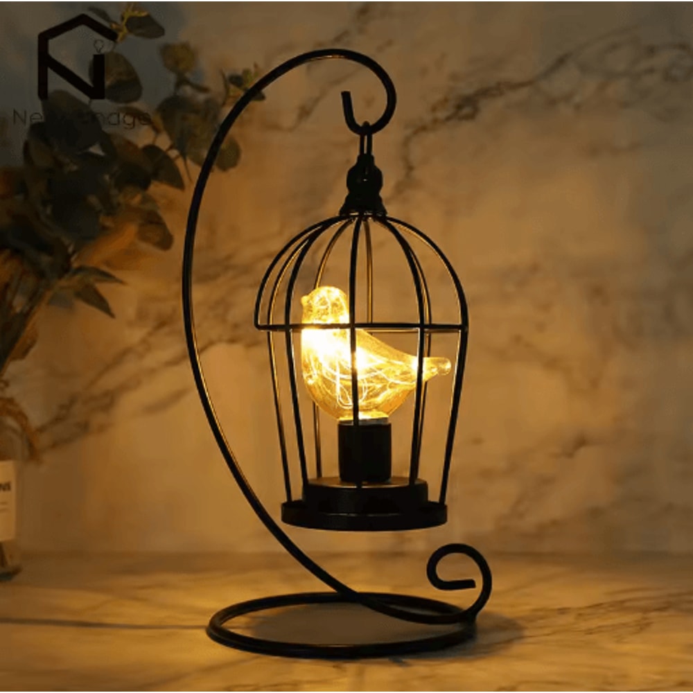 Creative Birdcage Table Lamp Vintage Iron Hollow Lantern With Warm Ambient Light 0