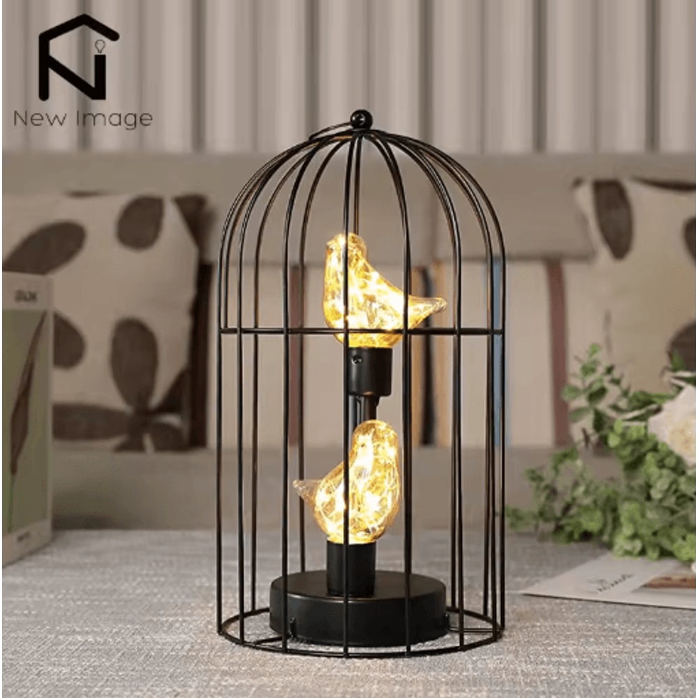 Creative Birdcage Table Lamp Vintage Iron Hollow Lantern With Warm Ambient Light 6
