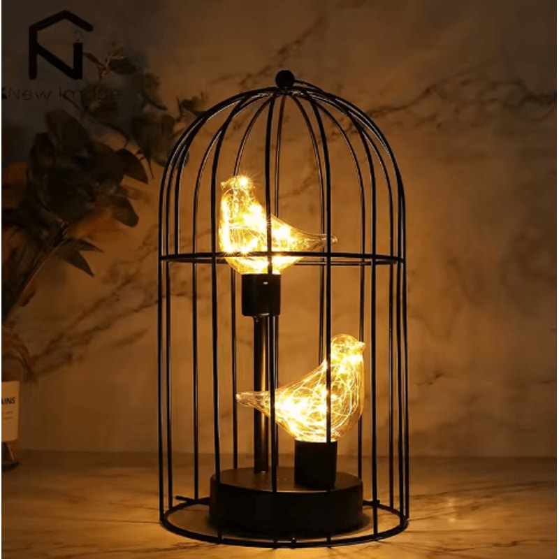Creative Birdcage Table Lamp Vintage Iron Hollow Lantern With Warm Ambient Light 7
