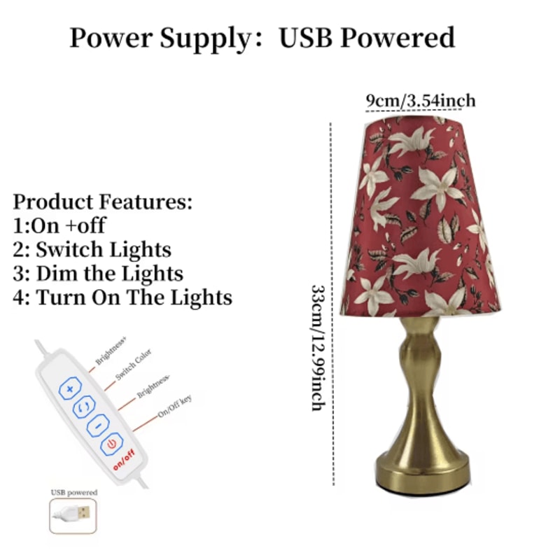 Table Lamp With Golden Base And Floral Fabric Shade USB Powered 3 Tone Dimmable Ambient Light 1