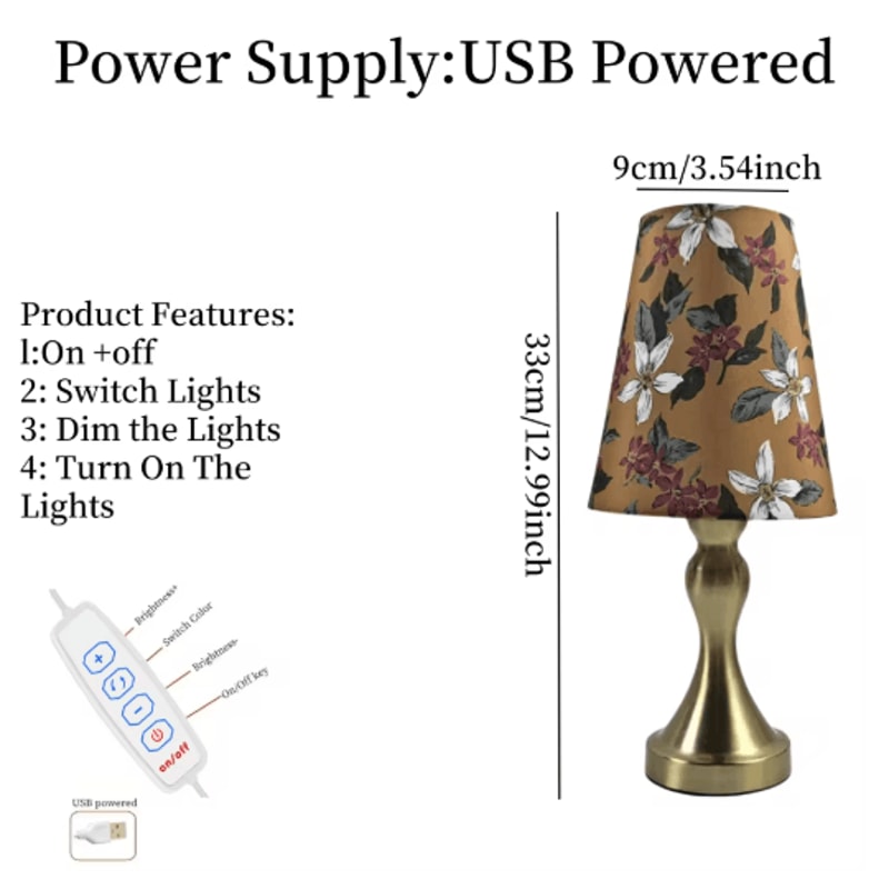 Table Lamp With Golden Base And Floral Fabric Shade USB Powered 3 Tone Dimmable Ambient Light 2