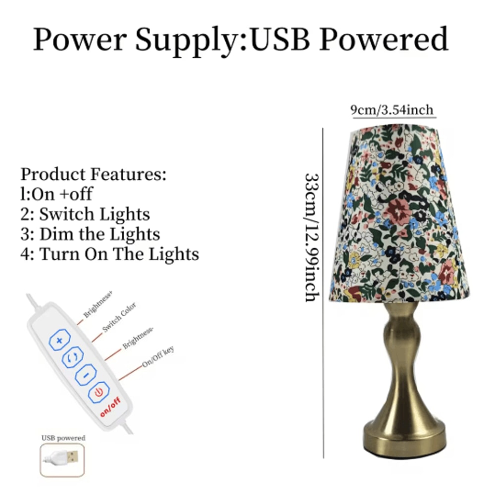 Table Lamp With Golden Base And Floral Fabric Shade USB Powered 3 Tone Dimmable Ambient Light 3