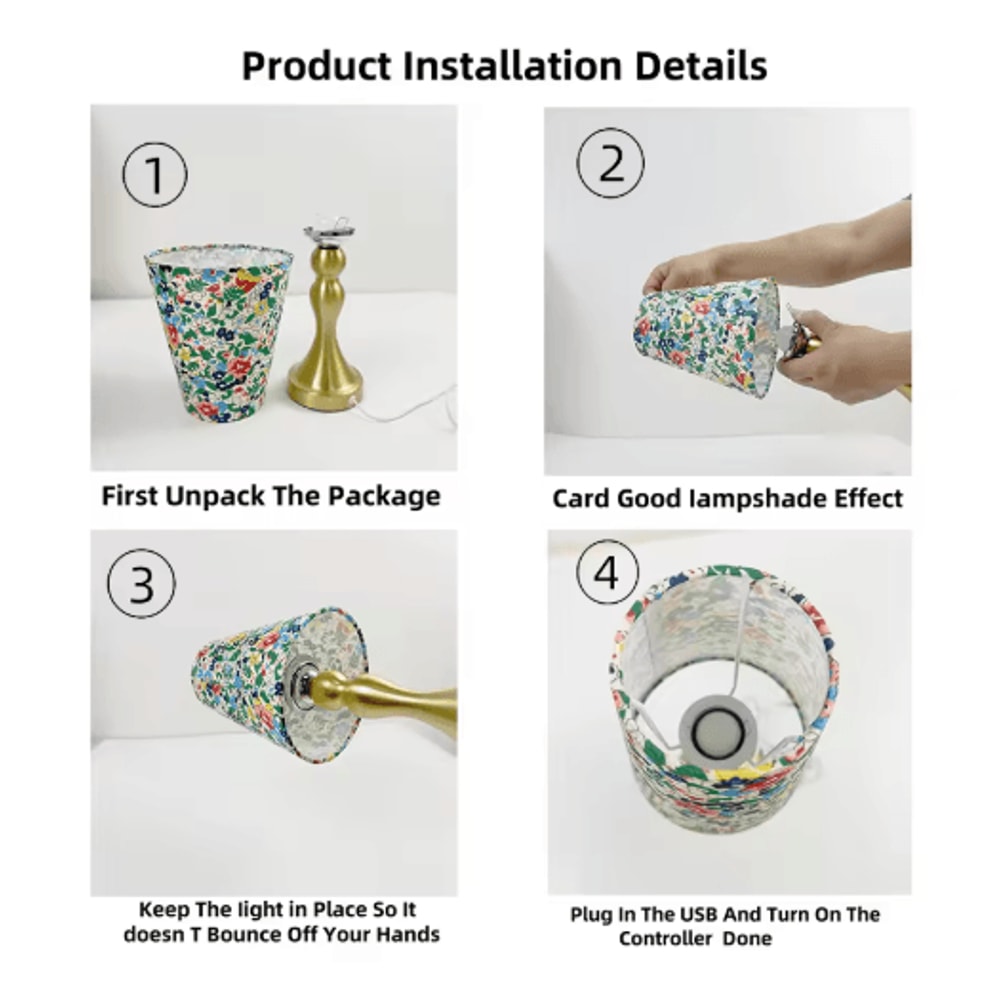 Table Lamp With Golden Base And Floral Fabric Shade USB Powered 3 Tone Dimmable Ambient Light 4