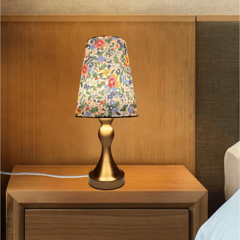 Table Lamp With Golden Base And Floral Fabric Shade USB Powered 3 Tone Dimmable Ambient Light 5