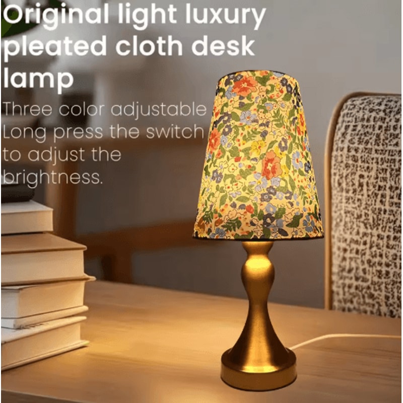 Table Lamp With Golden Base And Floral Fabric Shade USB Powered 3 Tone Dimmable Ambient Light 6