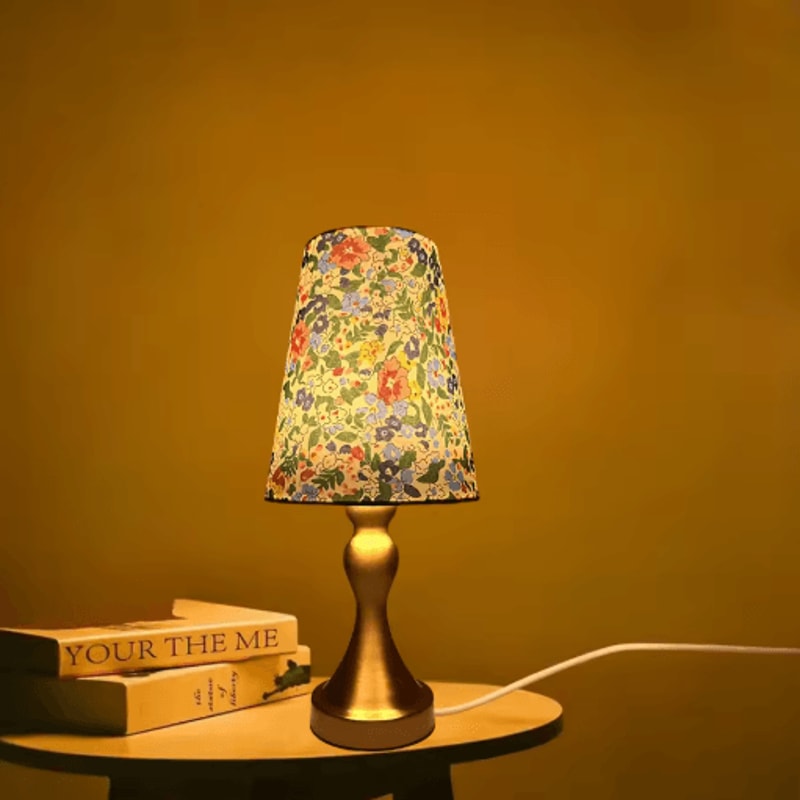 Table Lamp With Golden Base And Floral Fabric Shade USB Powered 3 Tone Dimmable Ambient Light 7