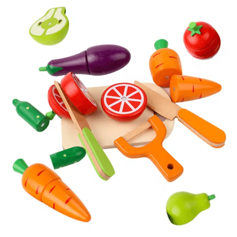 Wooden Pretend Kitchen Play Set Montessori Cutting Fruit And Vegetable Toy For Kids 0