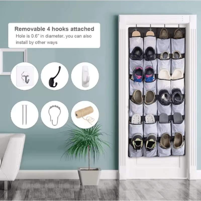 Zapatero Colgante Sobre La Puerta Con 24 Bolsillos De Malla Organizador De Zapatos Para Armario 0