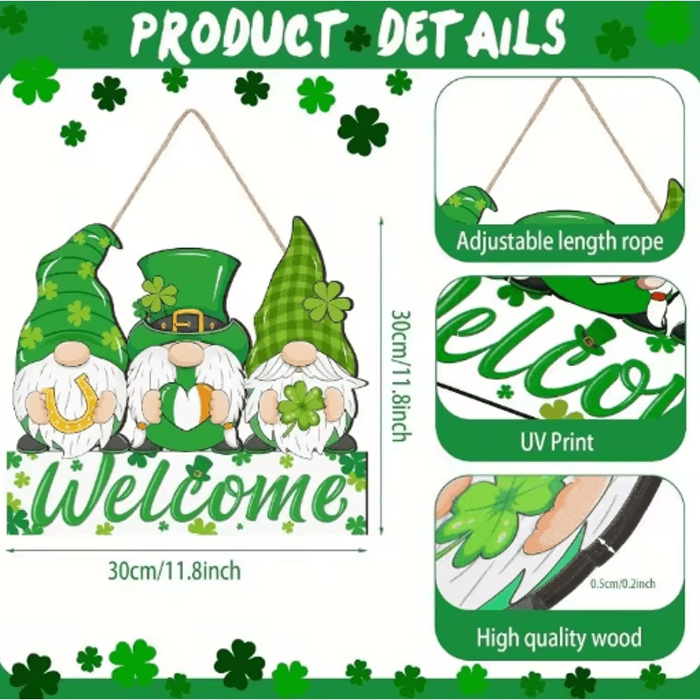 St Patricks Day Gnome Wooden Door Sign Irish Welcome Porch Decor 5