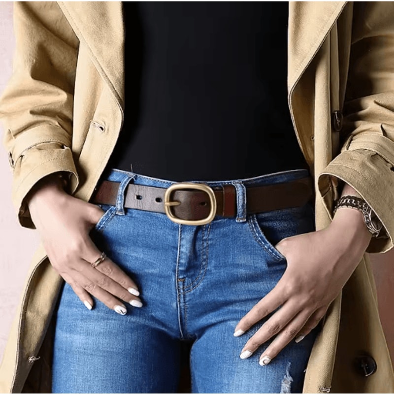 DINISITON Womens Genuine Leather Belt Vintage Gold Pin Buckle Strap For Jeans And Dresses 6
