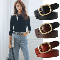 dinisiton womens genuine leather belt vintage gold pin buckle strap for jeans and dresses
