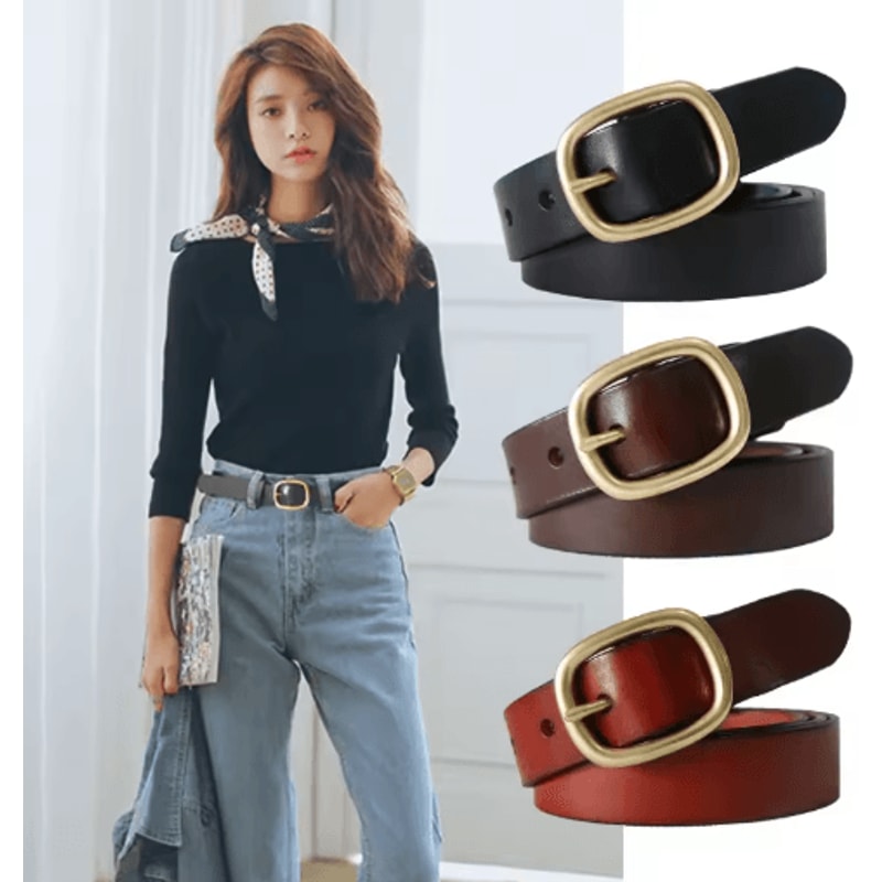 DINISITON Womens Genuine Leather Belt Vintage Gold Pin Buckle Strap For Jeans And Dresses 0