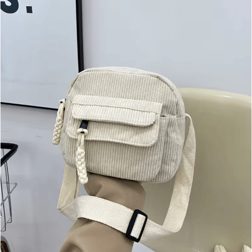 Corduroy Shoulder Bag For Girls Simple Solid Color School Style Messenger Bag 3