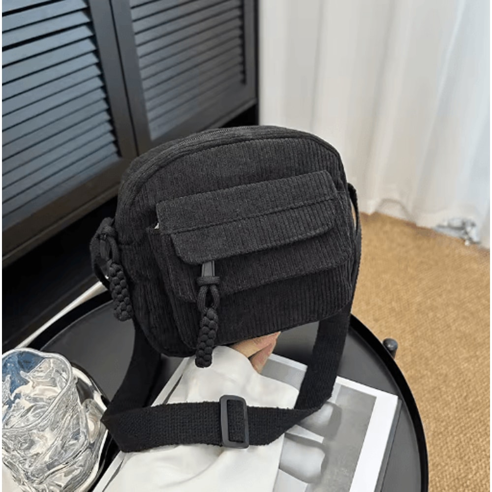 Corduroy Shoulder Bag For Girls Simple Solid Color School Style Messenger Bag 5