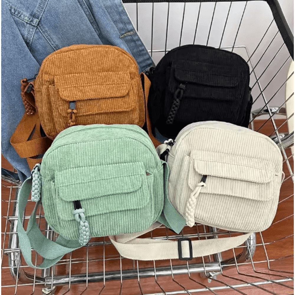 Corduroy Shoulder Bag For Girls Simple Solid Color School Style Messenger Bag 0