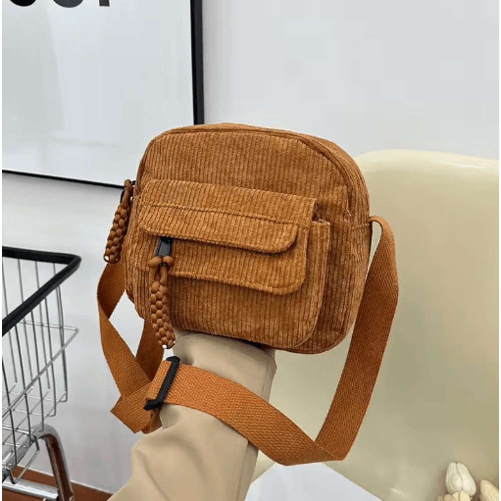 Corduroy Shoulder Bag For Girls Simple Solid Color School Style Messenger Bag 6