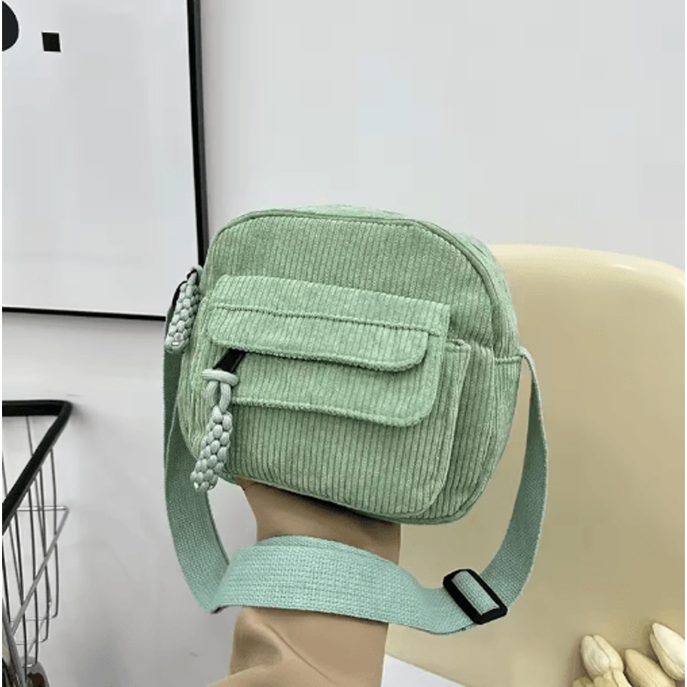 Corduroy Shoulder Bag For Girls Simple Solid Color School Style Messenger Bag 7