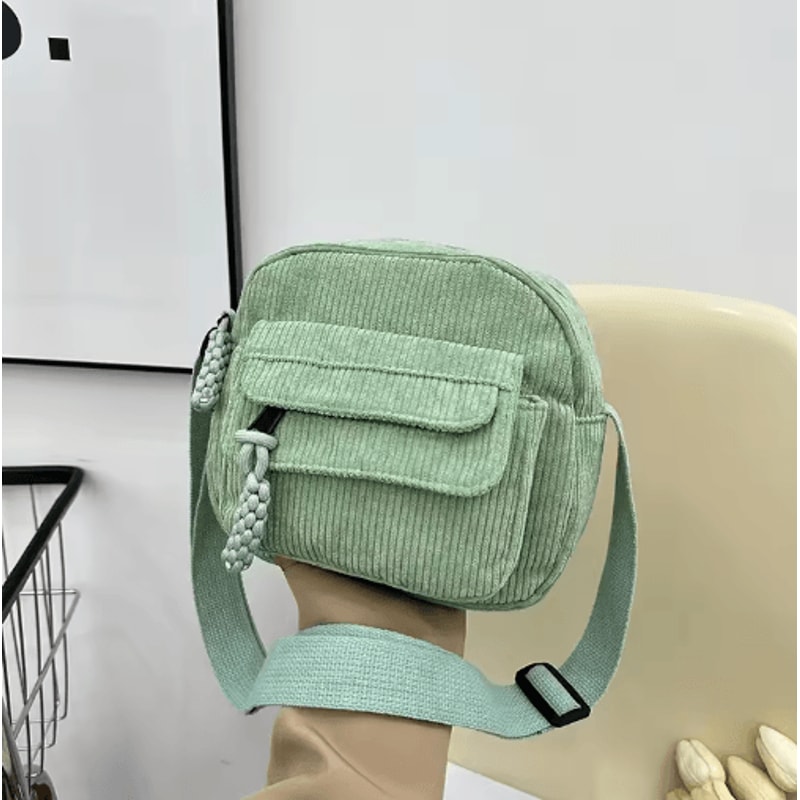 Corduroy Shoulder Bag For Girls Simple Solid Color School Style Messenger Bag 7