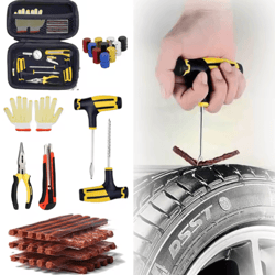 car tire repair kit with studding tool & rubber strips – glue-free puncture plug set