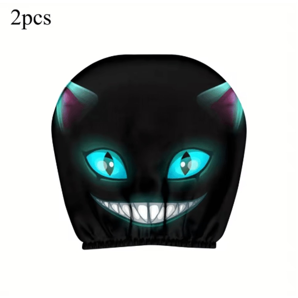 Smiling Cat Car Seat Headrest Pillow Covers 2pcs Black With Glowing Blue Eyes 1