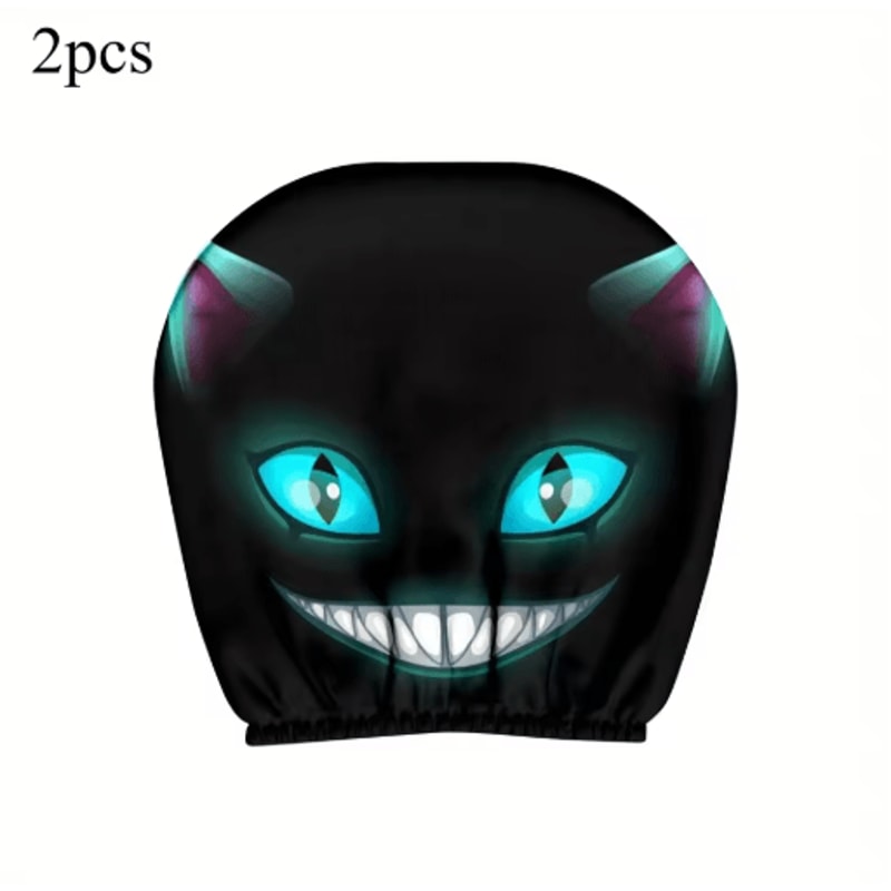 Smiling Cat Car Seat Headrest Pillow Covers 2pcs Black With Glowing Blue Eyes 1
