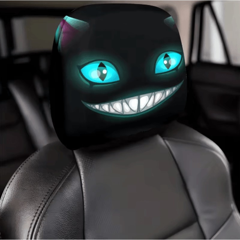 Smiling Cat Car Seat Headrest Pillow Covers 2pcs Black With Glowing Blue Eyes 2