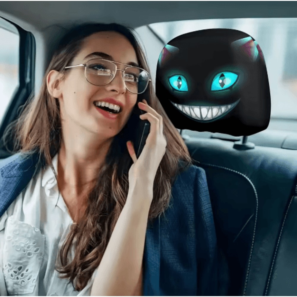 Smiling Cat Car Seat Headrest Pillow Covers 2pcs Black With Glowing Blue Eyes 3