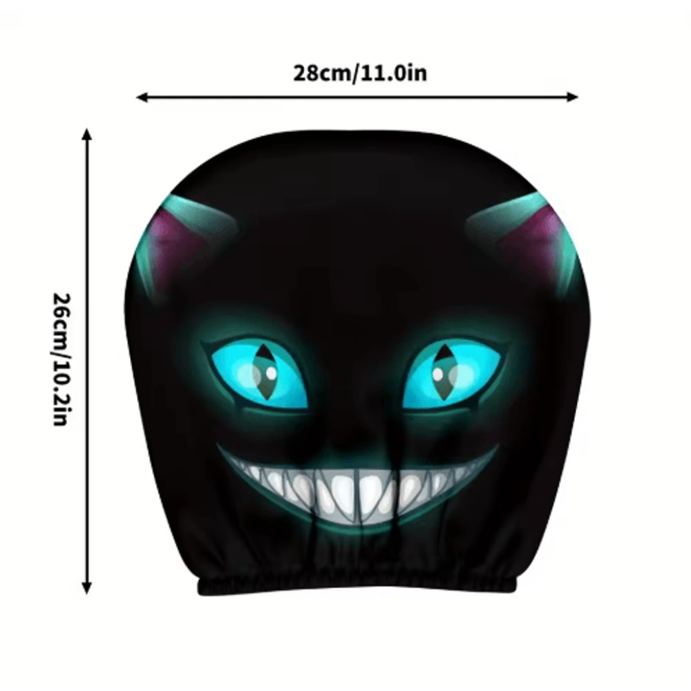 Smiling Cat Car Seat Headrest Pillow Covers 2pcs Black With Glowing Blue Eyes 4