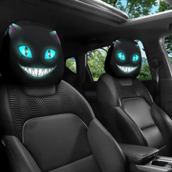 smiling cat car seat headrest pillow covers – 2pcs black with glowing blue eyes