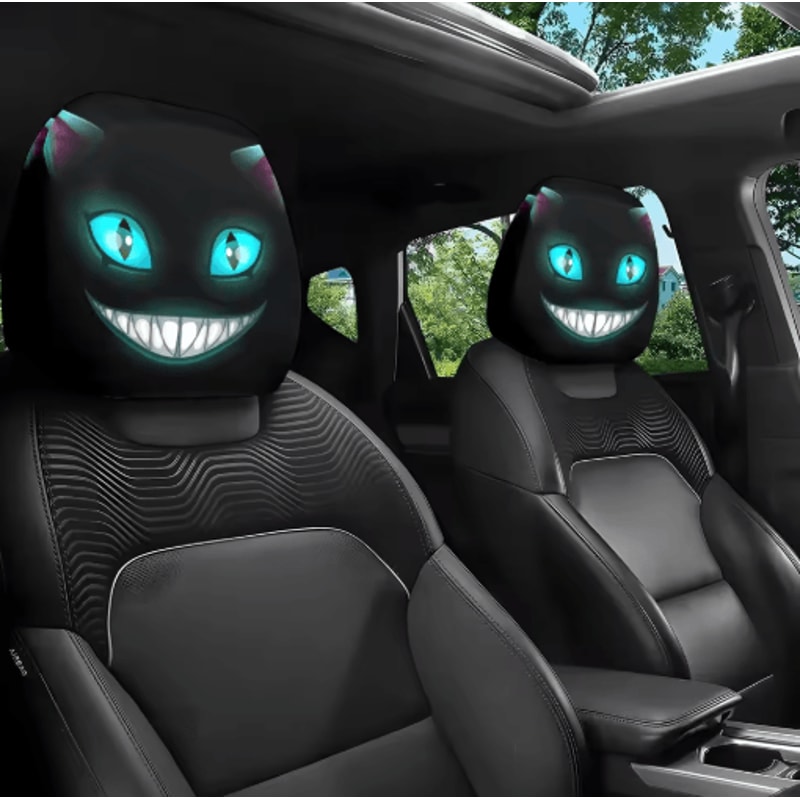Smiling Cat Car Seat Headrest Pillow Covers 2pcs Black With Glowing Blue Eyes 0