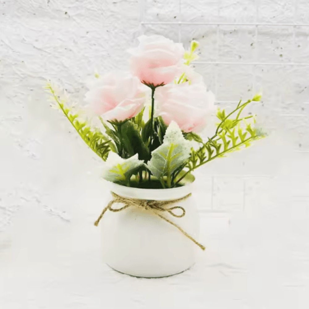 Artificial Potted ThreeRose Bonsai Elegant Desktop Flower Decor 0