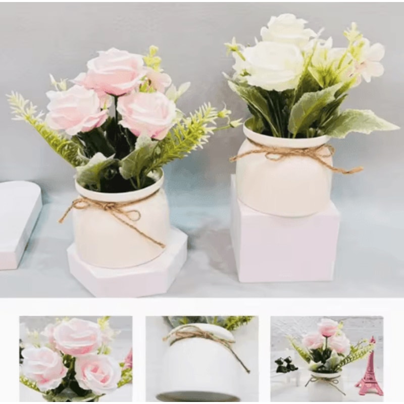 Artificial Potted ThreeRose Bonsai Elegant Desktop Flower Decor 7