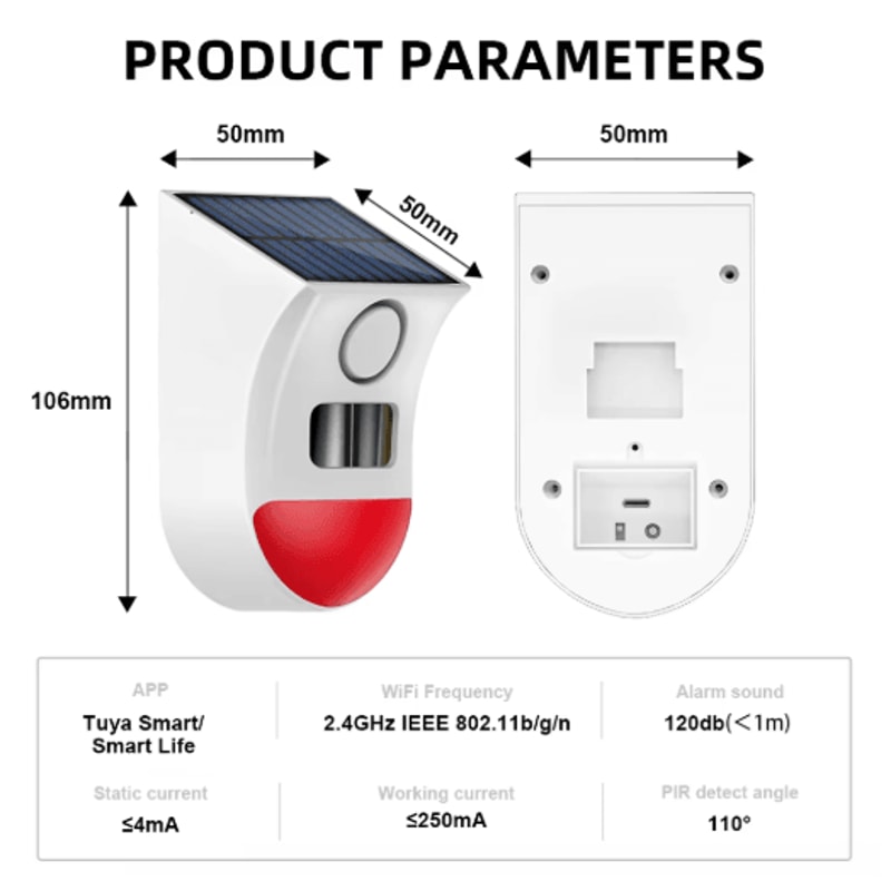Solar PIR Sensor Alarm Tuya WiFi Outdoor Wireless Strobe Siren 2