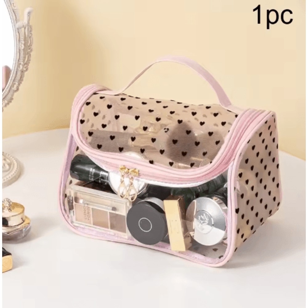 LargeCapacity Heart Mesh Makeup Bag Frosted Transparent Cosmetic Travel Pouch 1