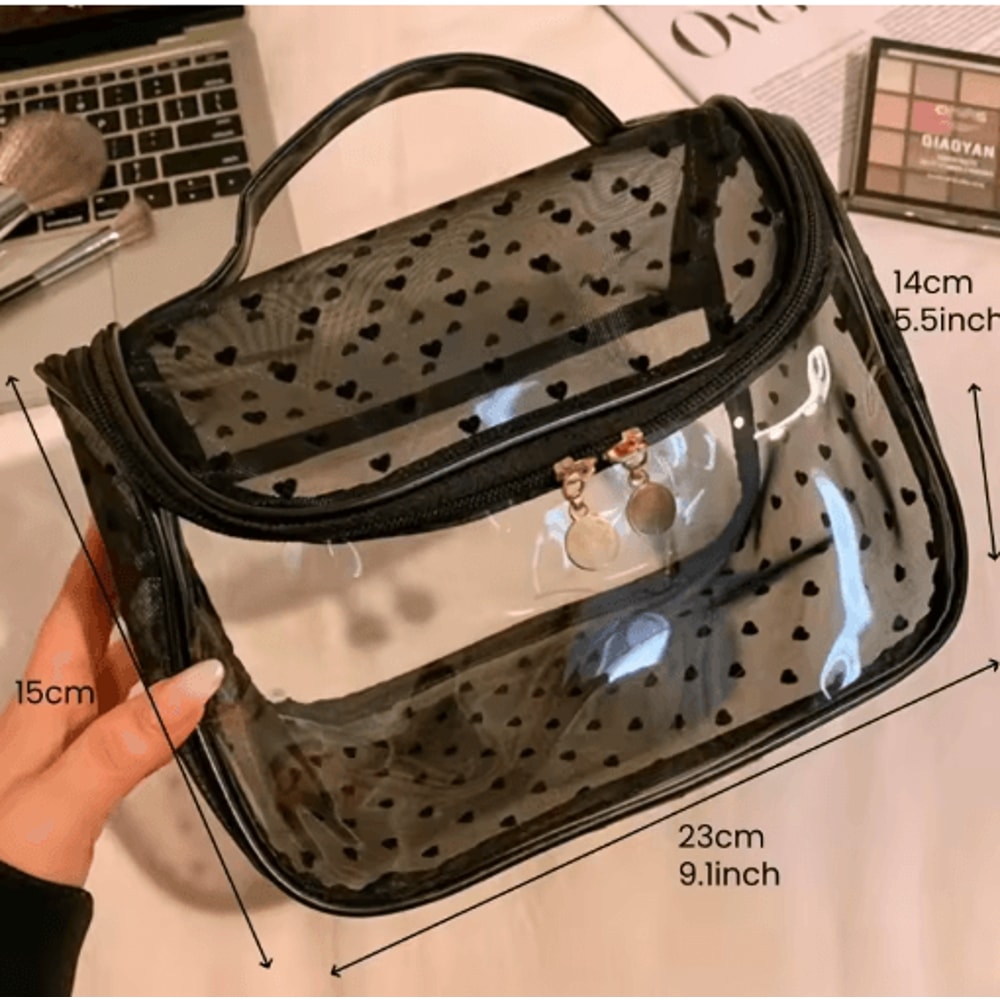 LargeCapacity Heart Mesh Makeup Bag Frosted Transparent Cosmetic Travel Pouch 4