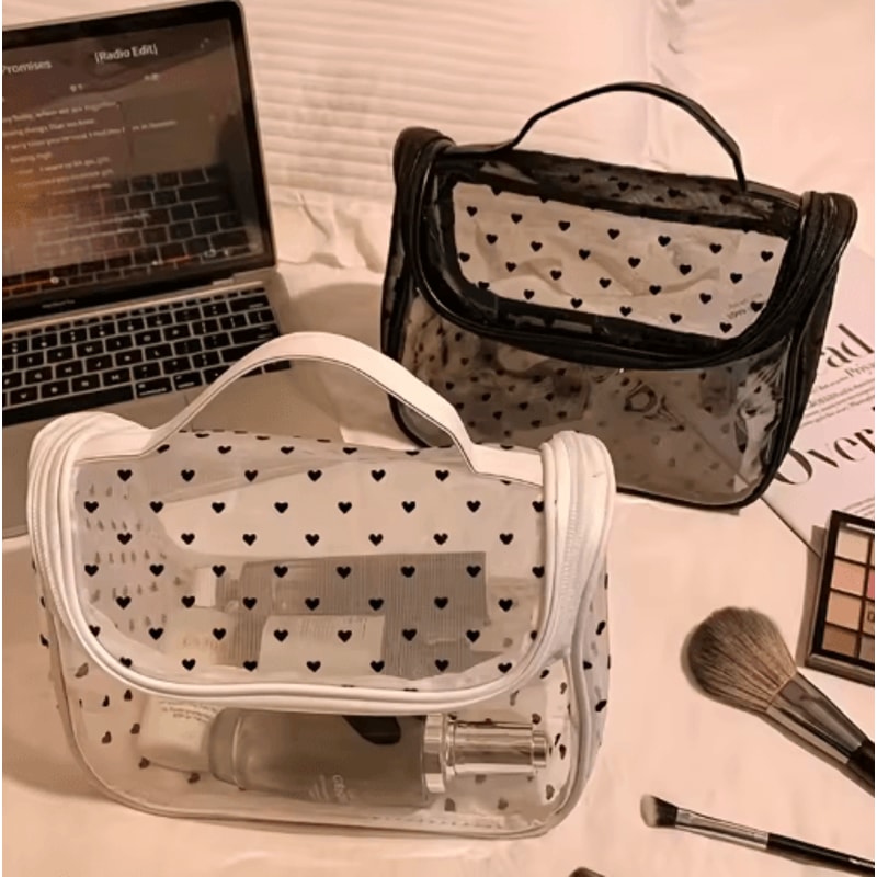 LargeCapacity Heart Mesh Makeup Bag Frosted Transparent Cosmetic Travel Pouch 0