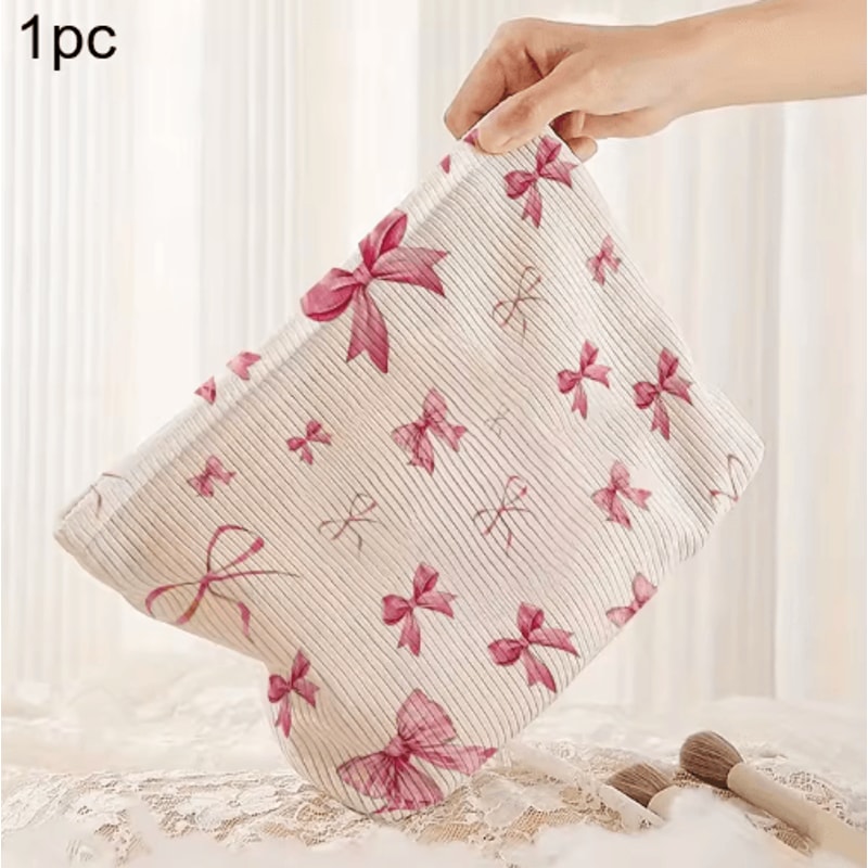 LargeCapacity Corduroy Cosmetic Bag Bow Print Makeup Toiletry Organizer 1
