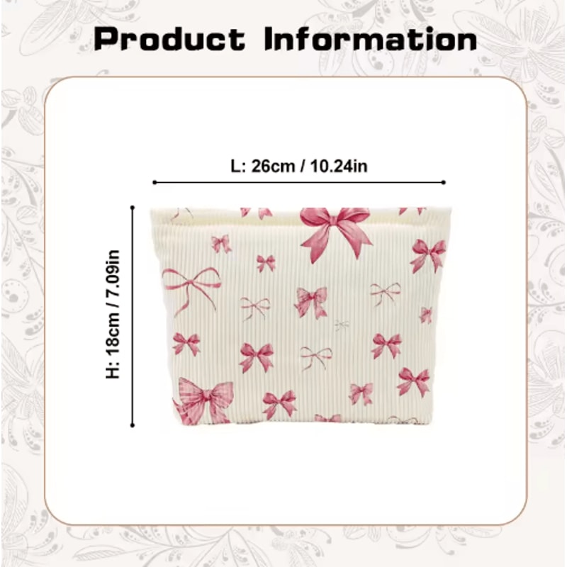 LargeCapacity Corduroy Cosmetic Bag Bow Print Makeup Toiletry Organizer 2