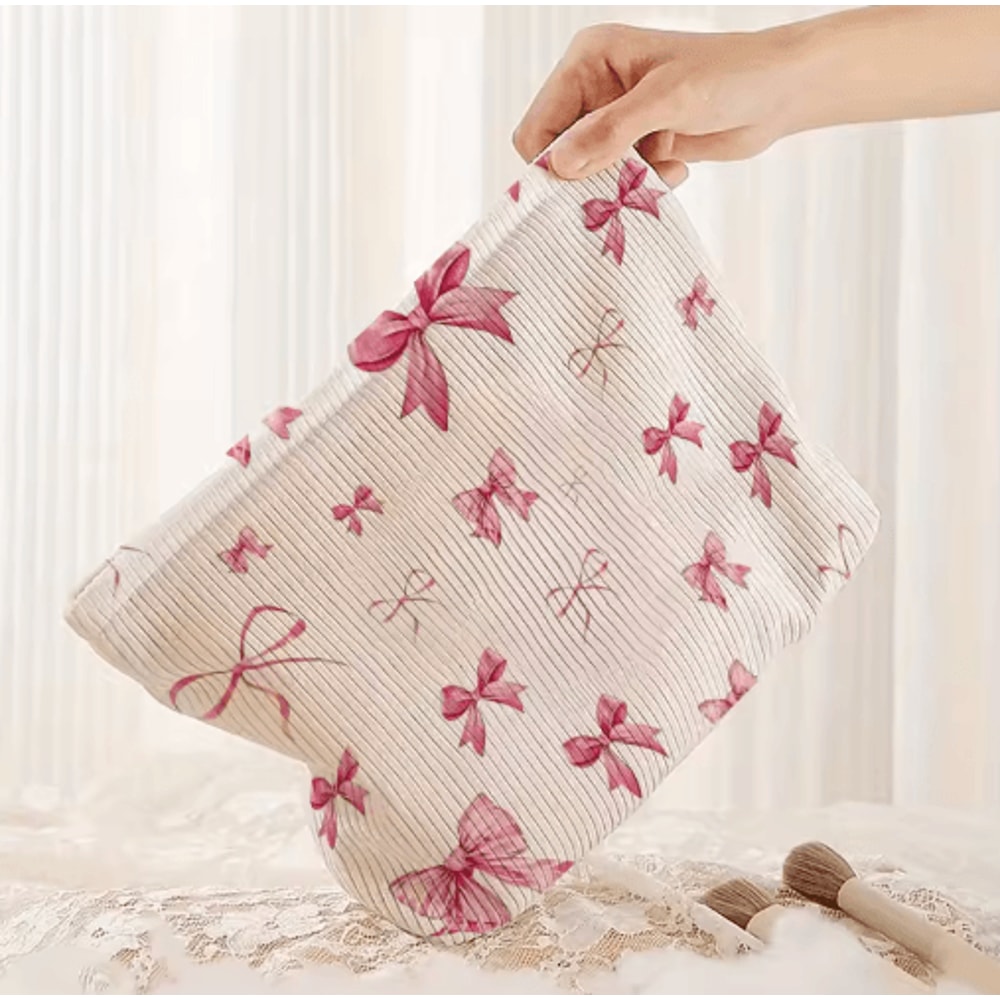 LargeCapacity Corduroy Cosmetic Bag Bow Print Makeup Toiletry Organizer 3