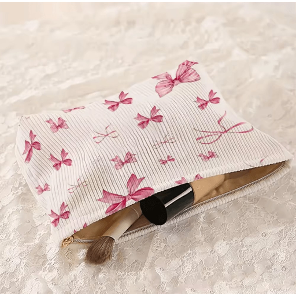 LargeCapacity Corduroy Cosmetic Bag Bow Print Makeup Toiletry Organizer 5