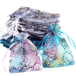organza gift bags with drawstring – colorful tree print jewelry & party packaging (100pcs)
