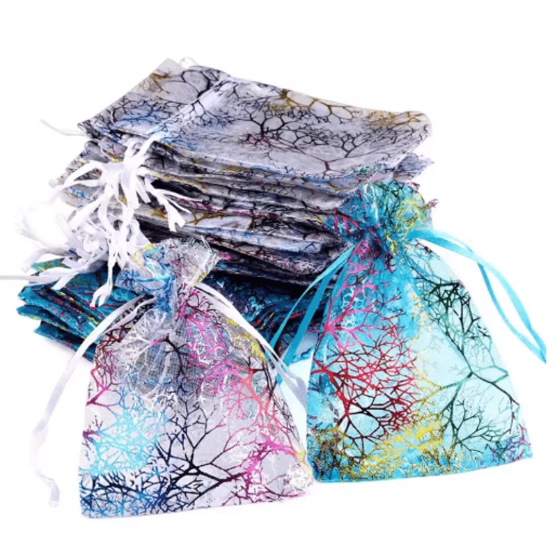 Organza Gift Bags With Drawstring Colorful Tree Print Jewelry Party Packaging 100pcs 0