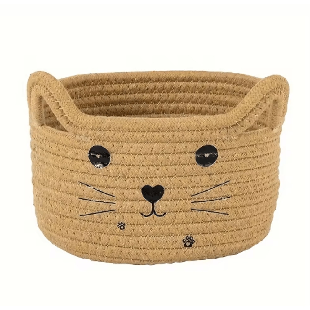 Cat Face Woven Cotton Storage Basket Cute Home Organizer For Toys Clothes Pet Supplies 1