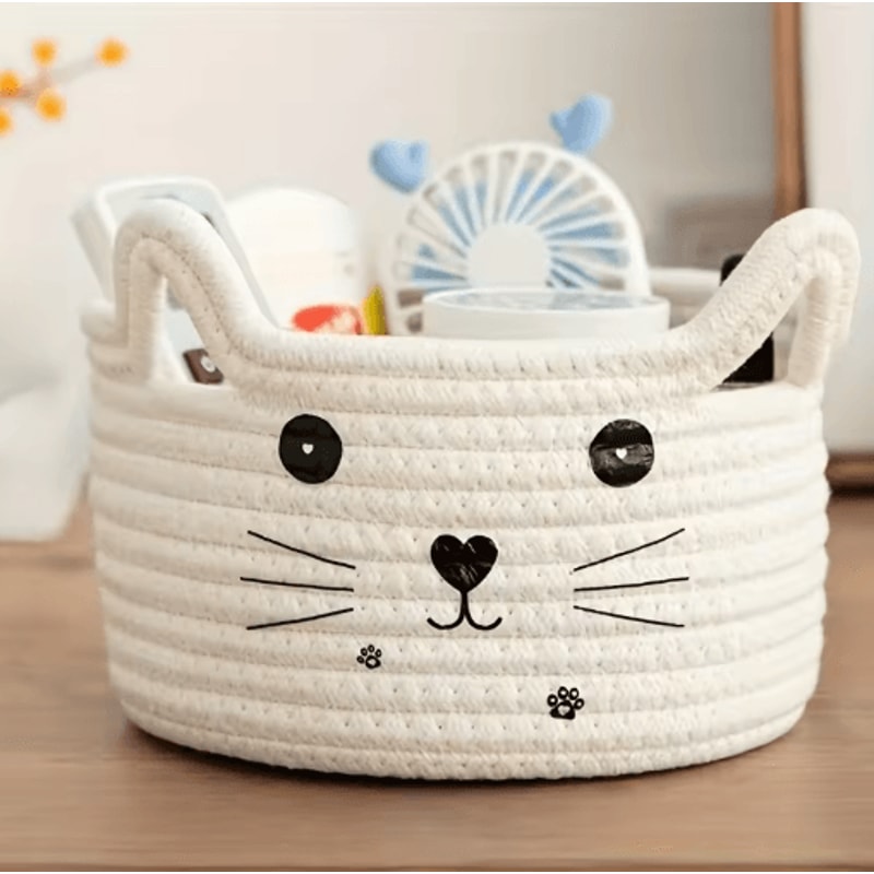 Cat Face Woven Cotton Storage Basket Cute Home Organizer For Toys Clothes Pet Supplies 2