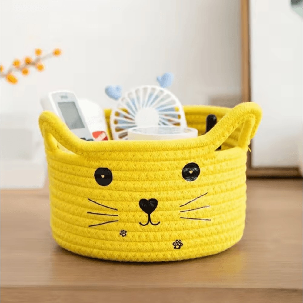 Cat Face Woven Cotton Storage Basket Cute Home Organizer For Toys Clothes Pet Supplies 3